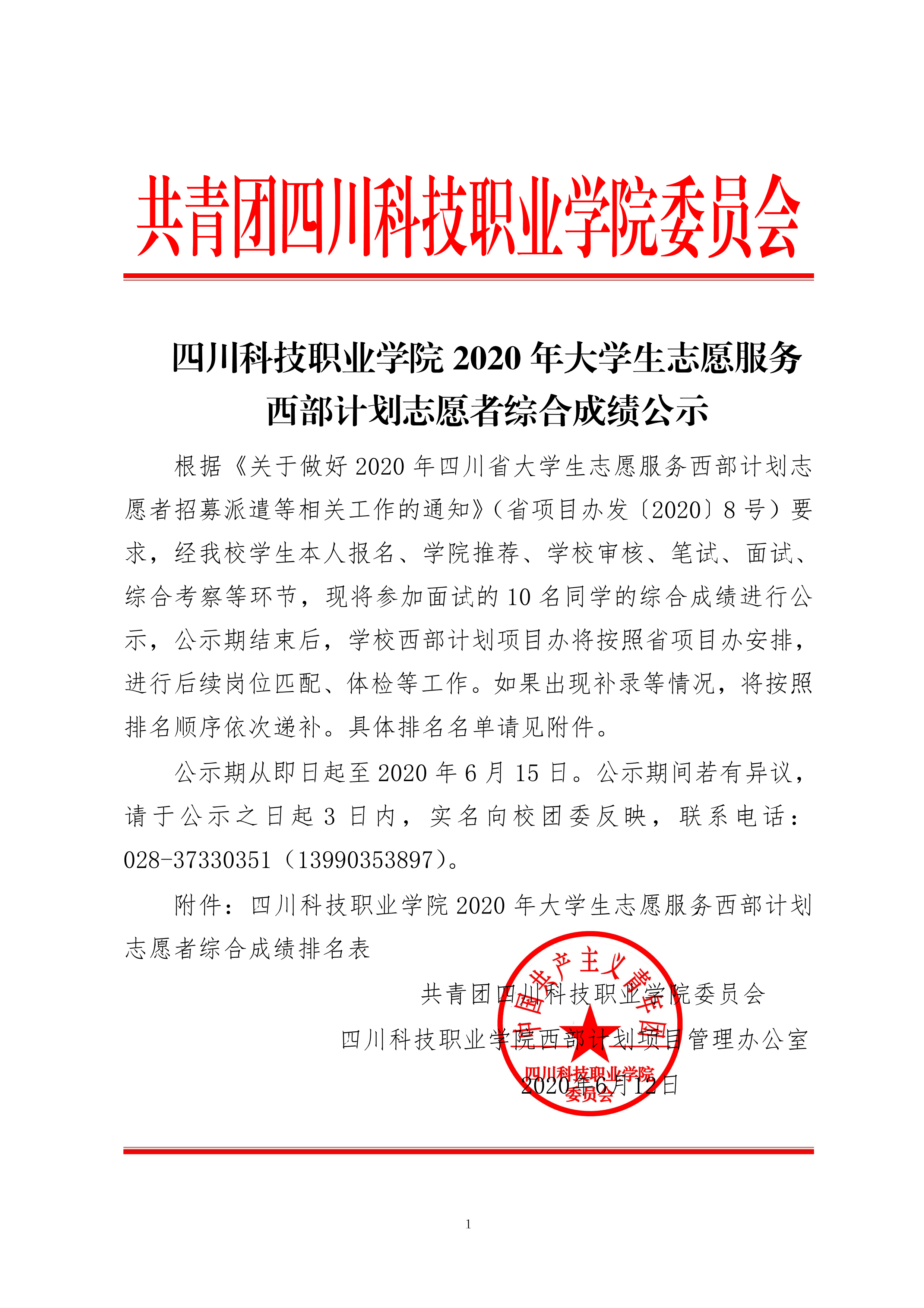 四川科技职业学院 2020 年大学生志愿服务西部计划志愿者综合成绩公示(图1)