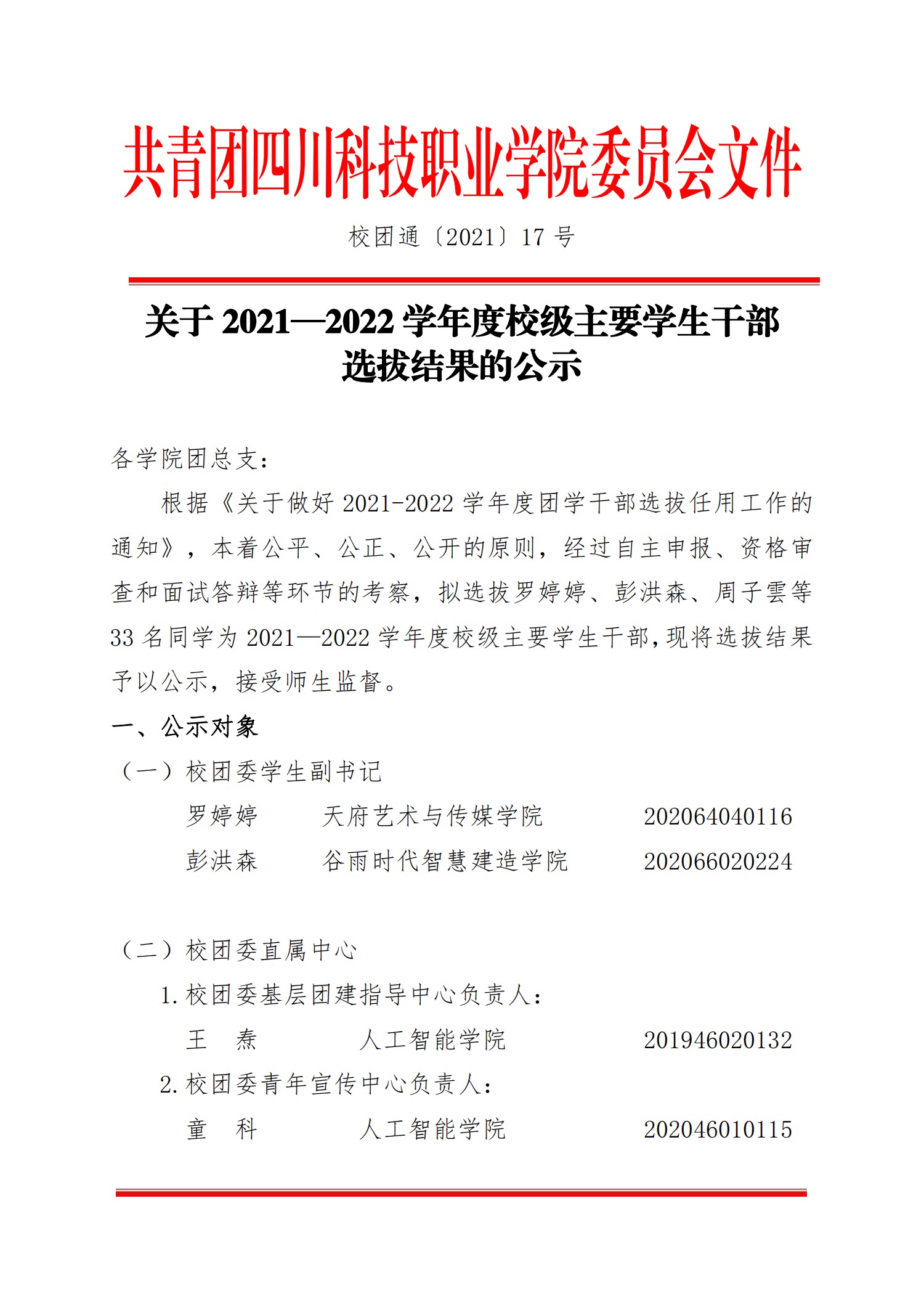 关于2021—2022学年度校级主要学生干部选拔结果的公示(图1)