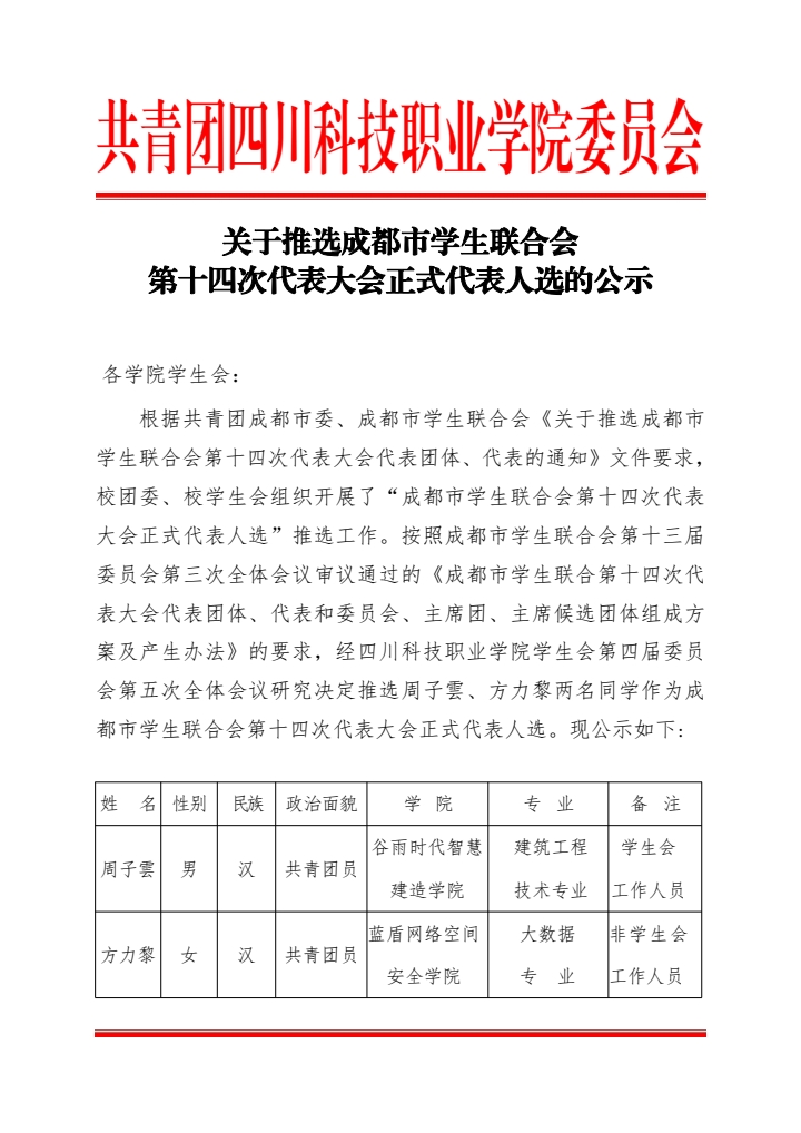 关于推选成都市学生联合会第十四次代表大会正式代表人选的公示(图1)